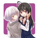  2girls act-age ahoge bangs black_hair blush closed_mouth eyebrows_visible_through_hair hair_between_eyes hand_in_another&#039;s_hair highres long_hair looking_at_viewer mesobons momoshiro_chiyoko multiple_girls open_mouth purple_background purple_eyes school_uniform short_hair simple_background smile sweater white_hair yellow_eyes yonagi_kei 