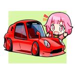  1girl absurdres blush border chibi duz english_commentary flower green_background highres jacket looking_at_viewer lotus lotus_europa notice_lines ootori_emu open_mouth outside_border pink_eyes pink_hair pink_jacket project_sekai shadow shirt simple_background stance_(vehicle) vehicle_focus white_border yellow_shirt 