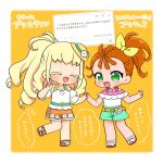  2girls :d alice_peperoncino blonde_hair border bow chibi chii_(chi_pppuri) closed_eyes commentary_request copyright_name crossover fairouz_ai full_body green_eyes green_shorts hair_bow hand_up highres kiratto_pri_chan long_hair multiple_girls natsuumi_manatsu open_mouth orange_hair orange_shorts precure pretty_series request_inset sandals shirt shorts side_ponytail smile speech_bubble standing standing_on_one_leg translation_request tropical-rouge!_precure very_long_hair voice_actor_connection white_border white_shirt yellow_background yellow_bow 