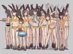  6+girls absurdres animal_ears bikini black_hair body_writing brown_hair bunny_ears cocktail_glass coffee_pot cola copyright_request cup drinking_glass drinking_straw fake_animal_ears glasses heart_cutout high_heels highres holding multiple_girls nail_polish shima_(landsuzume) simple_background stretch swimsuit tray wrist_cuffs 