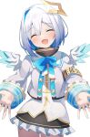  1girl amane_kanata amane_kanata_(1st_costume) angel angel_wings armband blue_hair blush bob_cut bow closed_eyes colored_inner_hair feathered_wings fragir gradient_wings grey_hair halo highres hololive jacket long_sleeves looking_at_viewer mini_wings multicolored_hair multicolored_wings open_mouth purple_eyes short_hair single_hair_intake smile solo star_halo streaked_hair virtual_youtuber wings 