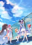  5girls :d ^_^ absurdres animal_ears blonde_hair blue_eyes blue_sky chain-link_fence chestnut_mouth closed_eyes cloud commentary_request fence green_eyes grey_hair hair_wings hakui_koyori highres holohoneygaoka_high_school_uniform holohoneygaoka_koukou hololive holox honeyworks horns kazama_iroha kumanoaburi la+_darknesss long_hair medium_hair multicolored_hair multiple_girls open_mouth pink_hair ponytail sakamata_chloe school_uniform sitting sky smile sparkling_eyes squatting tail takane_lui virtual_youtuber white_hair wolf_ears wolf_tail yellow_eyes 