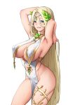  1girl armpits beeeeen_213 blue_eyes breasts cerestia_of_life circlet dress hair_between_eyes highres last_origin long_hair looking_at_viewer pelvic_curtain pointy_ears sideboob simple_background smile solo very_long_hair white_background 