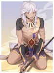  1boy arm_tattoo border bridal_gauntlets choker chromatic_aberration cyno_(genshin_impact) english_commentary eyes_visible_through_hair full_body genshin_impact grey_hair hair_over_one_eye highres kirikidu long_hair looking_at_viewer male_focus no_headwear open_mouth outside_border polearm red_eyes short_sleeves shorts sitting stomach sweat tan tattoo toeless_footwear toes toned toned_male v-shaped_eyebrows weapon white_border 