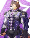 abs anthro bodysuit bulge canid canine canis clothing domestic_dog eyebrows fingerless_gloves gloves handwear hi_res jewelry lifewonders live_a_hero male mammal muscular muscular_anthro necklace pecs pubraseer skinsuit solo superhero thick_eyebrows tight_clothing wing_art09