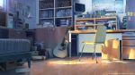  absurdres bed book box cd_player chair clock computer desk english_commentary figure file guitar highres instrument lamp laptop map no_humans original poster_(object) scenery shade shelf stereo sunlight table television the_beatles window wooden_floor xiaoke 