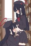 2girls black_gloves black_hair black_headwear black_shirt black_skirt black_thighhighs blue_archive blush book bookshelf closed_eyes clothes_lift commentary_request from_side gloves hair_over_eyes halo hands_on_another&#039;s_stomach hat highres indoors justice_task_force_member_(blue_archive) library licking licking_navel lifted_by_self long_hair moaning multiple_girls navel open_mouth pleated_skirt red_halo school_uniform serafuku shirokuma_a shirt shirt_lift skirt stomach thighhighs tongue tongue_out yuri 