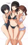  3girls absurdres amagami ass_visible_through_thighs bikini bikini_skirt black_bikini black_hair black_hairband black_one-piece_swimsuit blue_eyes breasts brown_eyes brown_hair cleavage dated drill_hair feet_out_of_frame frilled_bikini frills hairband hands_on_own_chest highres long_hair medium_breasts mitojyaneeeeyo morishima_haruka multiple_girls nakata_sae nanasaki_ai one-piece_swimsuit short_hair side-tie_bikini_bottom standing swimsuit thigh_gap twintails twitter_username two-tone_swimsuit white_bikini 