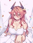  1girl bare_shoulders breasts bridal_veil cleavage dress falling_petals goddess_of_victory:_nikke highres horns jewelry mechanical_horns miko_(uuua12u) necklace petals pov red_hair red_hood_(nikke) ring taking_another&#039;s_hand veil wedding wedding_dress wedding_ring white_dress yellow_eyes 