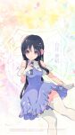  assault_lily black_hair blue_dress closed_mouth dress flower gloves hair_flower hair_ornament halu14119801 highres hime_cut holding holding_microphone long_hair looking_at_viewer microphone purple_eyes shirai_yuyu smile thighhighs white_gloves white_thighhighs 