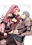  1boy 1girl armor between_breasts blue_hair blush breasts cake caspar_von_bergliez cleavage earrings feeding fire_emblem fire_emblem:_three_houses fishine food fruit hilda_valentine_goneril hoop_earrings jewelry large_breasts long_hair open_mouth pink_eyes pink_hair sexually_suggestive signature strawberry tagme thighhighs watermark zettai_ryouiki 