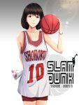  1girl akagi_haruko arm_behind_back bad_id bad_pixiv_id ball bangs basketball basketball_uniform bouquet breasts brown_hair cleavage closed_mouth clothes_writing copyright_name cowboy_shot dated eyebrows_visible_through_hair flower gradient gradient_background highres holding holding_ball holding_bouquet lens_flare lips looking_at_viewer pink_lips purple_eyes red_shorts shirt short_hair shorts slam_dunk sleeveless sleeveless_shirt smile solo sportswear standing white_shirt wristband zkxandy 