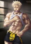  1boy abs artist_name bara beard blonde_hair boku_no_hero_academia bulge closed_eyes facial_hair fangs feet_out_of_frame groin hairy highres large_pectorals light logo male_focus male_swimwear manly mature_male muscular muscular_male nipples open_mouth pectorals pubic_hair saliva saliva_trail scar scar_on_face signature solo soynutts spiked_hair sunlight swim_briefs tank_top thick_arms twice_(boku_no_hero_academia) twitter_username window 