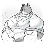 :3 anthro belt big_muscles big_pecs bodily_fluids button_pop calico_cat clothing domestic_cat dress_shirt epic_games felid feline felis fortnite hi_res huge_muscles huge_pecs its_coldpizza male mammal meowscles moobs muscular muscular_male pecs shirt solo solo_focus sweat topwear tuft