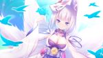  1girl animal_ear_fluff animal_ears azur_lane bangs blue_eyes breasts cleavage closed_mouth dutch_angle eyebrows_visible_through_hair fox_ears fox_tail highres holding kaga_(azur_lane) large_breasts long_sleeves looking_at_viewer mask mask_on_head multiple_tails nanaken_nana shikigami short_hair smile solo sparkle tail upper_body white_hair wide_sleeves 