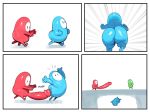  2020 big_butt big_penis blue_body blue_butt blush butt butt_focus comic erection fall_guy fall_guys falling genitals glans glistening glistening_body green_body group hi_res huge_penis humanoid humanoid_genitalia humanoid_penis humor hyper hyper_genitalia hyper_penis long_penis male mouthless noseless penis red_body red_penis running simple_background sound_effects sqoon standing white_background 