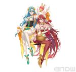  2girls animal_ears aqua_hair artist_request basket chloe_(fire_emblem) detached_sleeves fake_animal_ears fire_emblem fire_emblem_awakening fire_emblem_engage gloves green_eyes long_hair long_sleeves looking_at_viewer multiple_girls official_art pantyhose puffy_short_sleeves puffy_sleeves rabbit_ears red_eyes red_hair red_pantyhose severa_(fire_emblem) short_sleeves simple_background smile very_long_hair white_background white_gloves white_pantyhose 