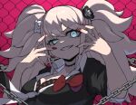  1girl absurdres bear_hair_ornament black_bra black_shirt blonde_hair bow bra breasts chain cleavage collarbone danganronpa:_trigger_happy_havoc danganronpa_(series) enoshima_junko grey_eyes grin hair_ornament hands_up highres large_breasts nail_polish pink_background ranf red_bow red_nails shirt smile solo teeth twintails underwear 