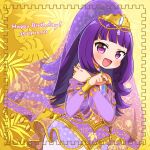  1girl :d blonde_hair blunt_bangs blush chii_(chi_pppuri) coin commentary_request cowboy_shot dancer hanazono_shuka hands_up happy_birthday holding holding_coin idol_time_pripara long_hair long_sleeves looking_at_viewer open_mouth ponytail pretty_series pripara purple_eyes purple_hair purple_veil see-through see-through_sleeves smile solo standing tiara veil yellow_background 
