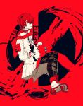  1boy 3kuma black_pants character_name coat crossed_legs flag fukase headset highres looking_at_viewer looking_to_the_side male_focus pants point_(vocaloid) red_background red_eyes red_hair red_scarf scarf sitting vocaloid white_coat 