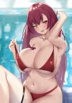  1girl absurdres arm_up armpits bikini bikini_pull blurry blurry_background blush bow breasts cleavage clothes_pull collarbone commentary_request curvy hand_in_own_hair heart heart_necklace heterochromia highres hololive houshou_marine jewelry large_breasts licking_lips long_hair looking_at_viewer navel necklace red_bikini red_bow red_eyes sidelocks skindentation smile solo swimsuit teeth thigh_strap tomi27 tongue tongue_out underboob upper_teeth_only virtual_youtuber yellow_eyes 