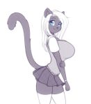 2024 anthro big_breasts blue_eyes bottomwear breasts clothing domestic_cat eyebrows eyelashes felid feline felis female hi_res holding_arm huge_breasts inner_ear_fluff looking_at_viewer mammal school_uniform scorpdk skirt smile solo tuft uniform wristband