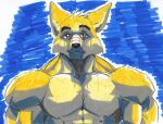anthro barazoku canid canine canis cooper_krager eyebrows fur hi_res looking_at_viewer male mammal muscular muscular_anthro muscular_male pecs pinumontbalou red_eyes remember_the_flowers scar solo traditional_media_(artwork) wet wolf yellow_body yellow_fur