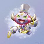  artist_name bright_pupils commentary_request green_eyes grey_background hat highres hoopa hoopa_(confined) horns no_humans open_mouth pokemon pokemon_(creature) rayman_limbs remedy_matome smile top_hat white_pupils 