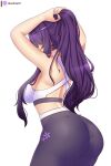  absurdres ass ass_focus back breasts crop_top doki_doki_literature_club girl_on_top gym_shirt highres huge_ass long_hair medium_breasts ponytail purple_hair raion_(raionart) shirt simple_background socks white_background yuri_(doki_doki_literature_club) 