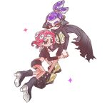  1boy 1girl agent_3_(splatoon) agent_8_(splatoon) black_cape black_footwear black_shorts black_skirt blue_hair boots cape closed_mouth crop_top film_grain grey_eyes headgear high-visibility_vest high_heel_boots high_heels highres holding_hands inkling inkling_boy inkling_player_character miniskirt octoling octoling_girl octoling_player_character ponytail red_hair short_hair shorts simple_background skirt splatoon_(series) splatoon_2 splatoon_2:_octo_expansion suction_cups tentacle_hair thenintlichen96 thigh_strap torn_cape torn_clothes white_background yellow_eyes 