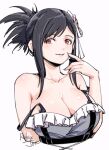  1girl artist_name bare_shoulders bikini black_hair breasts cleavage collarbone commentary_request cropped_torso final_fantasy final_fantasy_vii final_fantasy_vii_rebirth final_fantasy_vii_remake flower frilled_bikini frills hair_flower hair_ornament hand_up large_breasts light_blush looking_at_viewer official_alternate_costume official_alternate_hairstyle parted_lips red_eyes relaxjon sidelocks signature smile solo swept_bangs swimsuit tifa_lockhart upper_body white_background 