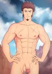  1boy abalionart absurdres bara blue_eyes brown_hair chest facial_hair fate/grand_order fate_(series) flaccid goatee hand_on_hip highres looking_at_viewer male_focus muscle napoleon_bonaparte_(fate/grand_order) nude pectorals penis scar sideburns smile solo uncensored 