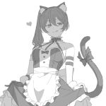  1girl :q animal_ear_fluff animal_ears aoi_suzu apron arm_strap bare_shoulders bow breasts cat_ears cat_tail collar commentary cowboy_shot double-parted_bangs dress fake_animal_ears fake_tail frilled_apron frilled_collar frills gloves greyscale hair_between_eyes halterneck heart looking_at_viewer monochrome side_ponytail simple_background single_glove skirt_hold sleeveless sleeveless_dress solo sousou_no_frieren tail tail_bow tail_ornament tongue tongue_out ubel_(sousou_no_frieren) waist_apron white_background 