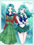  2girls aqua_choker aqua_hair aqua_sailor_collar aqua_skirt bare_legs bishoujo_senshi_sailor_moon blue_eyes bow brooch choker dated dual_persona gloves green_sailor_collar hand_in_own_hair hand_on_own_cheek hand_on_own_face happy_birthday hemuhemu_moca highres jewelry kaiou_michiru long_hair magical_girl miniskirt mugen_gakuen_school_uniform multiple_girls pleated_skirt sailor_collar sailor_neptune sailor_senshi_uniform school_uniform skirt smile tiara white_gloves 