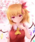  1girl absurdres bangs blonde_hair blurry blurry_background breasts cherry_blossoms commentary cravat crowned-tapioka eyebrows_visible_through_hair flandre_scarlet frilled_shirt_collar frills hair_ribbon hand_on_own_chest head_tilt highres looking_at_viewer no_hat no_headwear one_side_up petals puffy_short_sleeves puffy_sleeves red_eyes red_vest ribbon shirt short_hair short_sleeves small_breasts smile solo standing touhou tree_branch upper_body vest white_shirt wings yellow_neckwear 
