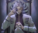  1boy akr_noze blue_shirt chair choker commentary_request crossed_legs ear_piercing eyepatch forehead_tattoo formal gold_trim hades_(shuumatsu_no_valkyrie) hand_on_own_face highres holding holding_skull jacket leaf_tattoo long_hair looking_at_viewer male_focus pants piercing pointy_ears shirt shuumatsu_no_valkyrie skull smile solo throne twitter_username upper_body white_jacket white_pants 