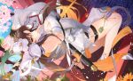  1girl adin_(epic_seven) armpits arms_up bandaged_hand bandages bare_shoulders breasts brown_hair cleavage cleavage_cutout clothing_cutout detached_sleeves dress epic_seven from_side highres holding holding_sword holding_weapon koyo_akio long_hair long_sleeves looking_at_viewer medium_breasts orange_eyes pelvic_curtain sandals sleeveless sleeveless_dress smile solo sword thigh_strap thighs weapon white_dress 