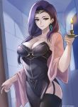  1girl breasts candle cleavage dress earrings fire_emblem fire_emblem_echoes:_shadows_of_valentia fire_emblem_gaiden garter_straps hallway highres jewelry long_hair looking_at_viewer purple_eyes purple_hair robe smile solo sonya_(fire_emblem) the_kingduke thighhighs tiara 