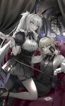 2girls animal_ears artoria_pendragon_(fate) bow bowtie breasts building card commentary_request couch fake_animal_ears fake_tail fate/grand_order fate_(series) gloves grey_hair high_heels highres holding holding_card holding_whip jeanne_d&#039;arc_alter_(avenger)_(fate) jeanne_d&#039;arc_alter_(fate) long_sleeves looking_at_viewer maid medium_breasts multiple_girls night nipi27 on_couch playboy_bunny ponytail rabbit_ears rabbit_tail saber_alter shadow short_sleeves sitting skyscraper suit tail vest whip window wrist_cuffs yellow_eyes 