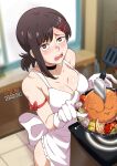  1girl absurdres apron arm_strap black_choker black_eyes black_hair blurry blurry_background blush breasts chainsaw_man choker cleavage commentary english_commentary gloves hair_ornament hairclip higashiyama_kobeni highres indoors looking_at_viewer medium_breasts medium_hair naked_apron open_mouth pochita_(chainsaw_man) pointing sebasdono single_sidelock solo spatula tomato upper_body white_apron white_gloves 