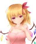  1girl absurdres alternate_costume bangs bare_shoulders blonde_hair breasts cleavage collarbone crowned-tapioka eyebrows_visible_through_hair flandre_scarlet hair_ribbon hand_on_own_chest head_tilt highres looking_at_viewer no_hat no_headwear off-shoulder_shirt off_shoulder one_side_up pink_shirt raglan_sleeves red_eyes ribbon shirt short_hair simple_background small_breasts smile solo touhou white_background wings 