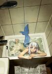  1girl barefoot bathroom bathtub blue_eyes fangs fins fish_tail gawr_gura highres hololive hololive_english nail_polish nude open_mouth peakbuns shark_girl shark_tail solo tail water wet 