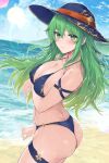  1girl alternate_costume ass bare_shoulders beach bikini blue_bikini blush breasts cleavage covered_nipples fire_emblem fire_emblem:_path_of_radiance fire_emblem:_radiant_dawn from_side gradient_hair green_eyes green_hair hat large_breasts long_hair looking_at_viewer midriff multicolored_hair nephenee_(fire_emblem) ocean outdoors solo sun_hat swimsuit thigh_strap thighs yuuri_(orz_commushows) 