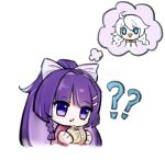  2girls :&gt; ? ahoge blue_eyes bow braid food hair_bow holding holding_food honkai_(series) honkai_impact_3rd hood hoodie kiana_kaslana long_hair multiple_girls ponytail purple_eyes purple_hair qingqingxiaoo raiden_mei thought_bubble twin_braids white_background white_bow white_hoodie 