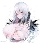  1girl areola_slip blush breasts closed_mouth commentary_request grey_hair highres huge_breasts long_hair looking_at_viewer red_eyes rozen_maiden see-through simple_background solo suigintou tousen twitter_username upper_body white_background 