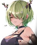  1girl antlers armpits bare_shoulders breasts ceres_fauna ceres_fauna_(4th_costume) choker cleavage green_hair hair_ornament hair_over_one_eye hairclip highres hololive hololive_english horns keisea large_breasts looking_at_viewer mole mole_under_eye official_alternate_costume official_alternate_hairstyle short_hair simple_background solo upper_body virtual_youtuber white_background yellow_eyes 
