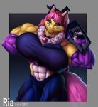  abs animal_humanoid anthro big_breasts blue_eyes breasts circlet claws clothing digimon digimon_(species) faogwolf female gloves gun hair handwear holding_gun holding_object holding_weapon human humanoid hybrid looking_at_viewer mammal muscular pendant pink_hair pulling_shirt ranged_weapon renamon ria solo thigh_clothing weapon 