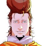  1boy brown_hair chef commentary_request facial_hair goatee green_eyes highres looking_at_viewer male_focus one_piece pompadour scar scar_on_face short_hair signature simple_background smile solo teeth thatch uniform white_background yu_t1214 