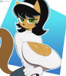 anthro biped black_hair blush breasts cleavage clothed clothing cooliehigh domestic_cat felid feline felis female green_eyes hair hi_res kitty_katswell looking_at_viewer mammal nickelodeon smile solo t.u.f.f._puppy