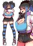  1girl :p ^_^ arm_under_breasts armpits black_hair blue_hair blue_nails blue_shirt blush breasts cleavage closed_eyes contrapposto denim denim_shorts foreshortening hand_on_own_chest hand_on_own_hip headphones headphones_around_neck highres jacket large_breasts multicolored_hair multiple_views open_hands open_mouth purple_eyes purple_hair satsuki_ouhara shirt shorts simple_background smile solo standing streaked_hair striped_clothes striped_thighhighs teihen_no_daigaku_janaru thighhighs tongue tongue_out twintails white_background white_jacket zyugoya 